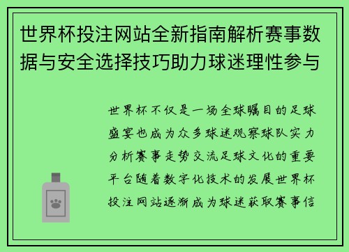 世界杯投注网站全新指南解析赛事数据与安全选择技巧助力球迷理性参与